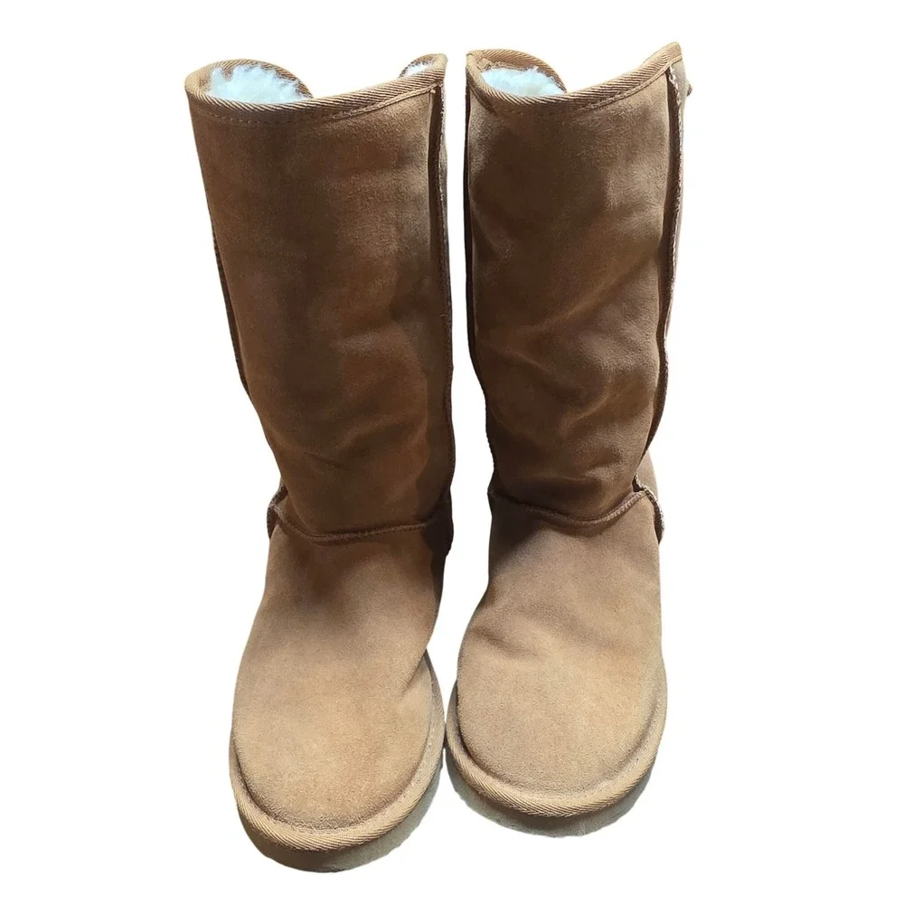 Ukala Sydney Women 8 Tall Suede Sheepskin Boot Tan Lace Up Back Merino Wool